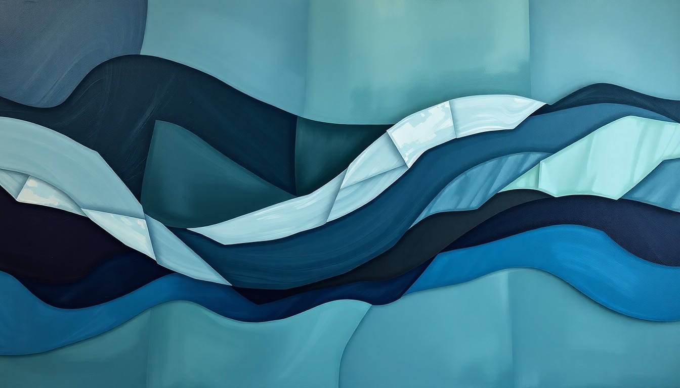 An abstract, avant-garde painting featuring overlapping, fractured geometric shapes in shades of blue, grey, and green, conceptually representing the chaotic and unpredictable nature of rising utility costs in West Virginia.