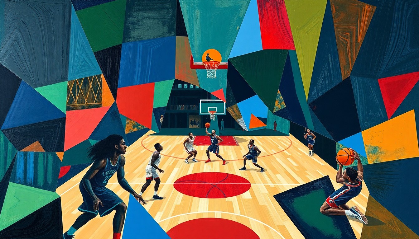 A cubist, geometric painting depicting the abstracted forms of basketball players in motion, with sharp, overlapping planes of navy, green, and red creating a sense of dynamic energy and competition.