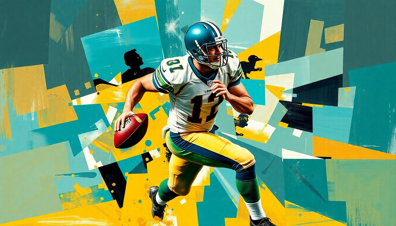 A cubist-style painting depicting a football player in motion, broken down into sharp, overlapping geometric shapes in teal, gold, and black, conveying the dynamic energy of the sport.