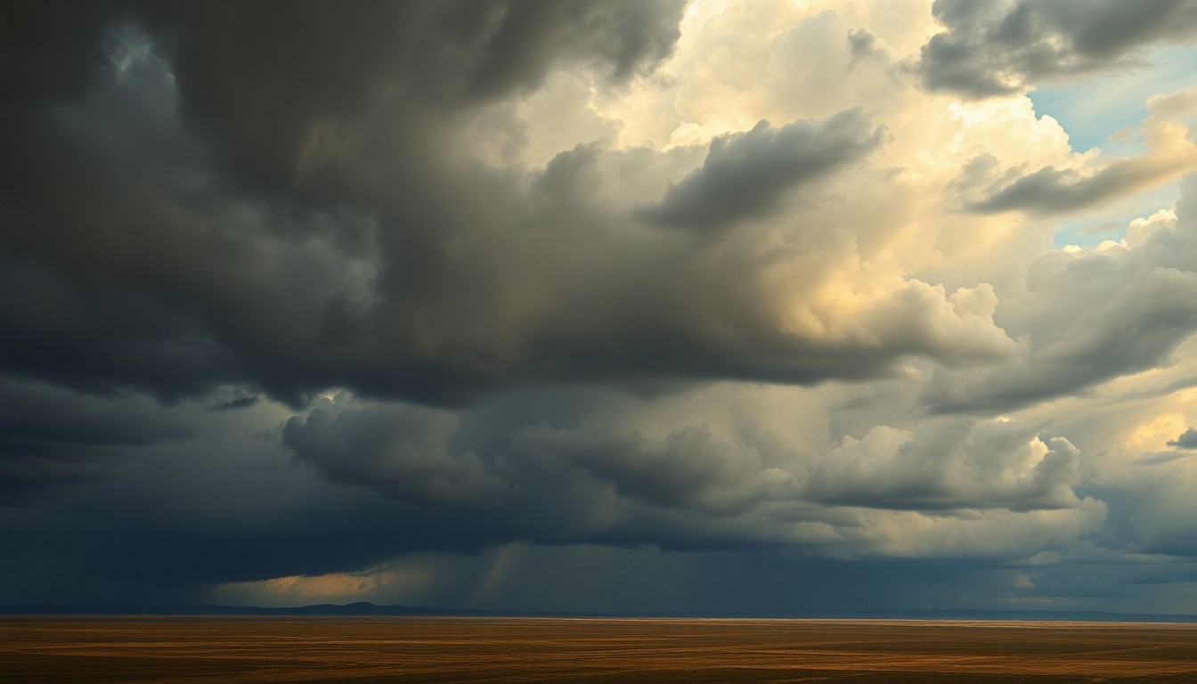 A dramatic, atmospheric landscape painting featuring a vast, dark sky filled with ominous clouds hovering over a flat, desolate plain, conveying the overwhelming power of an approaching severe weather system.