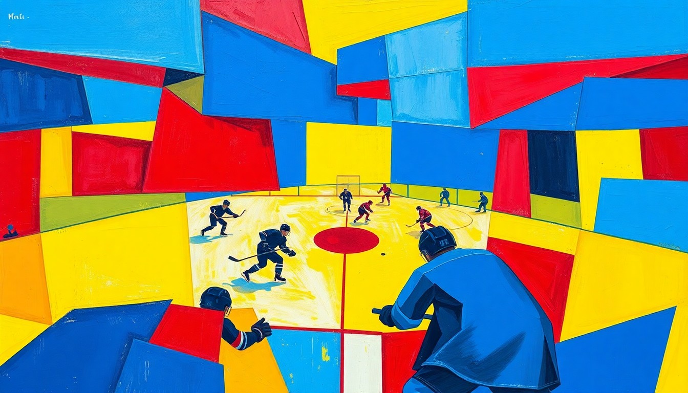 A cubist, geometric painting depicting a hockey game, with the players and action broken down into sharp, overlapping planes of blue, red, and yellow, creating a dynamic and abstract visual representation of the sport.