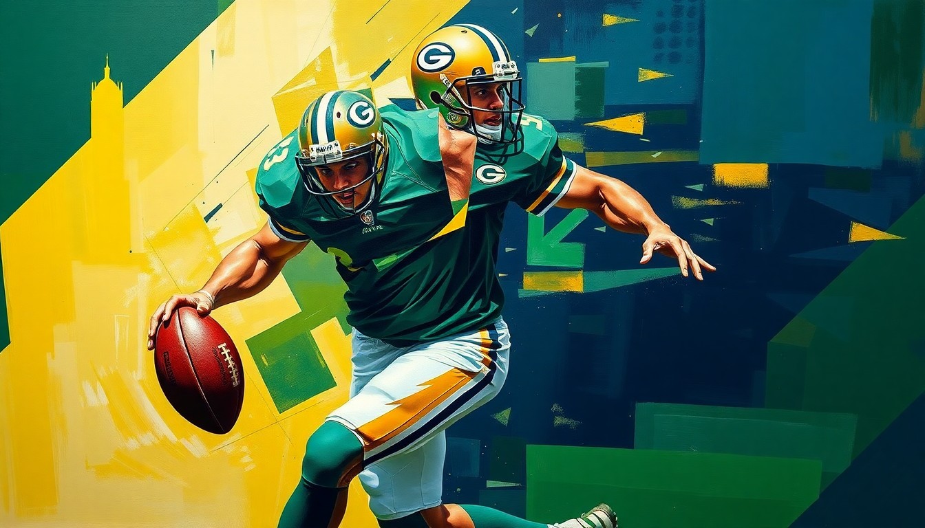 A cubist, geometric painting depicting a football player in motion, with sharp, overlapping planes of color representing the player's dynamic movements on the field.