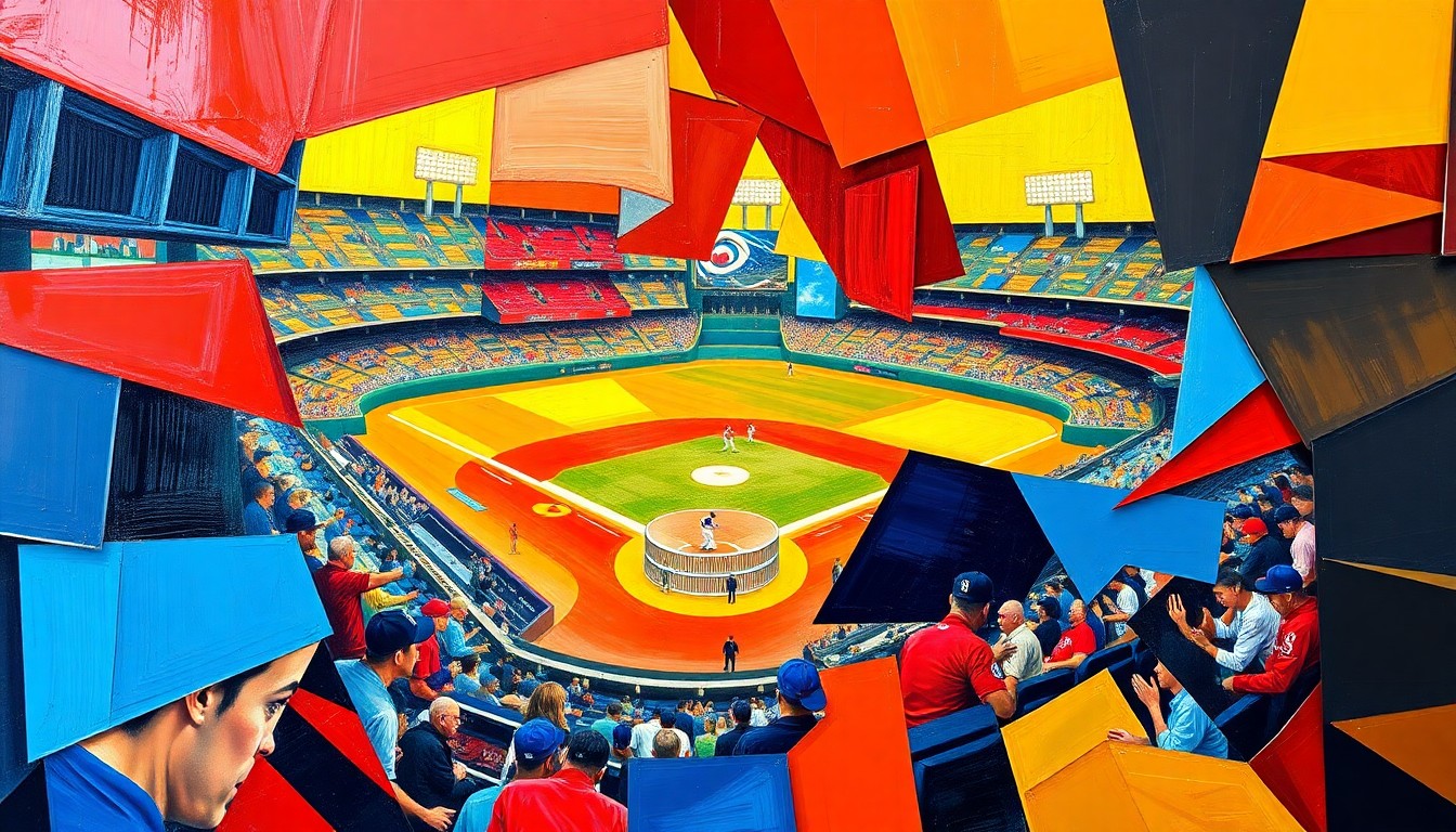 A fragmented, geometric painting depicting a baseball game, with overlapping planes of color and form representing the players, field, and action on the diamond.