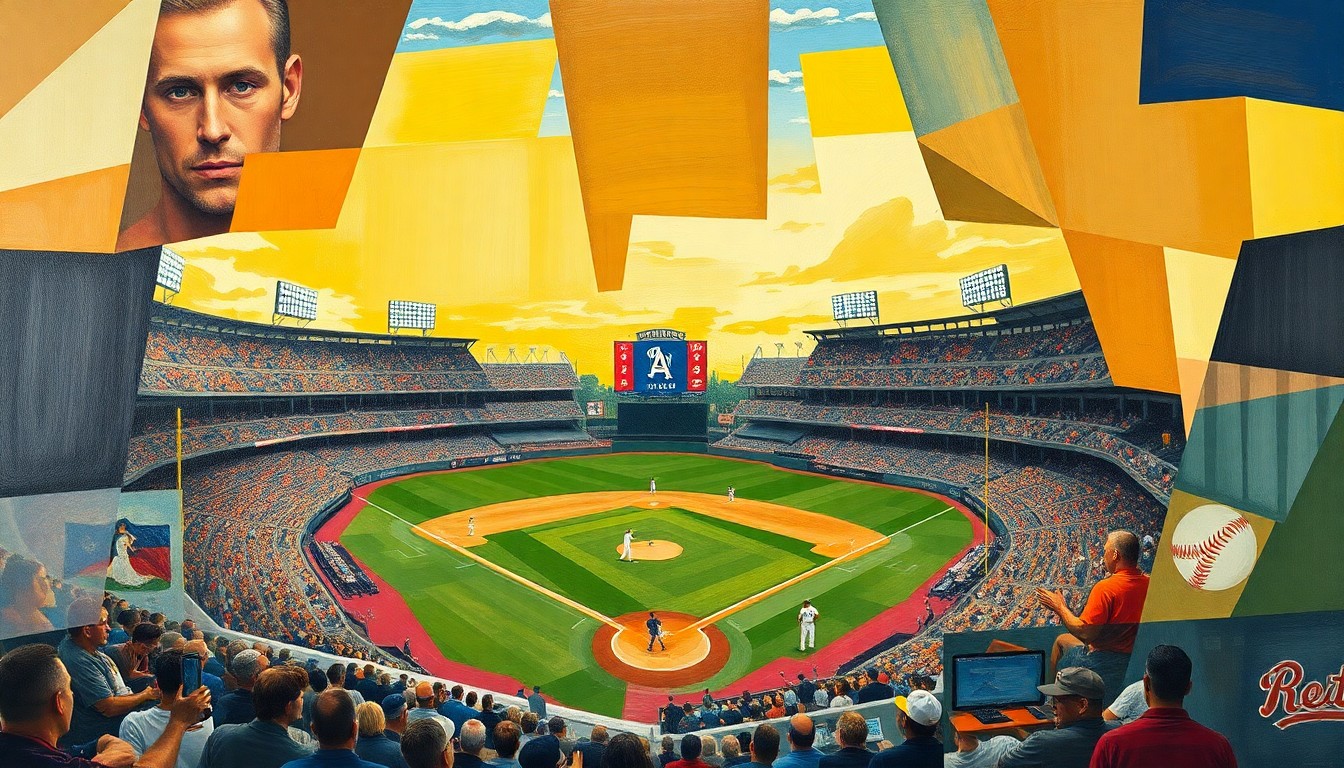 A cubist, geometric painting depicting a baseball game, with players and the field broken down into sharp, overlapping shapes and planes of color.