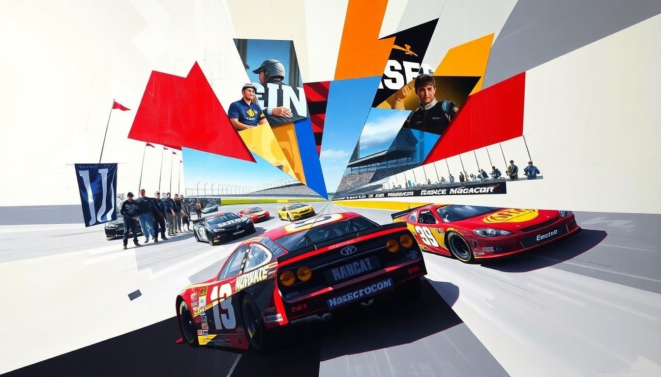 A cubist, geometric painting depicting a NASCAR race scene, with the cars, drivers, and track broken down into abstract shapes and colors, conveying the speed and energy of the sport.