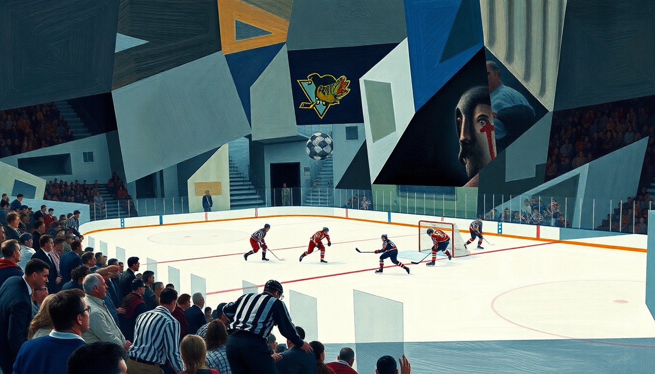 A cubist, geometric painting depicting a hockey game, with players and the rink broken down into sharp, overlapping shapes and planes of color, conveying the complex dynamics of the Blackhawks' lineup decisions.