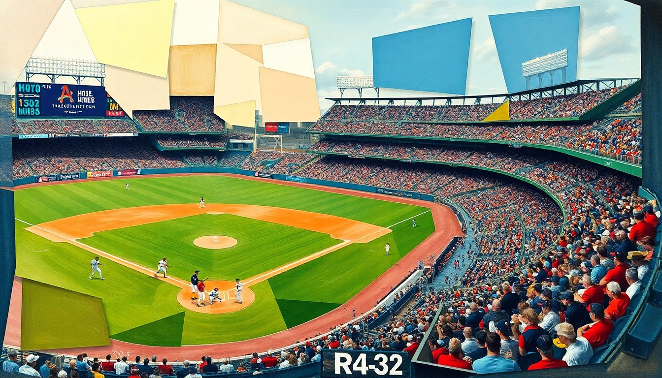 A cubist-style painting featuring overlapping geometric shapes and planes in shades of blue, green, and orange, abstractly representing the players, field, and crowd of a baseball game.