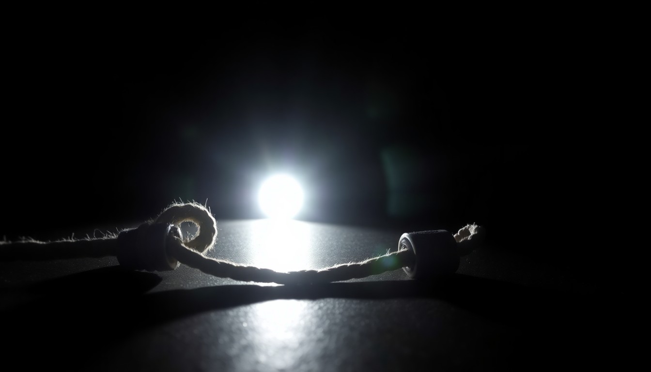 An extreme close-up photograph of a discarded item from the Gilgo Beach crime scene, such as a rope or piece of fabric, dramatically lit by a harsh flash against a pitch-black background, conveying the gritty, investigative nature of this case.
