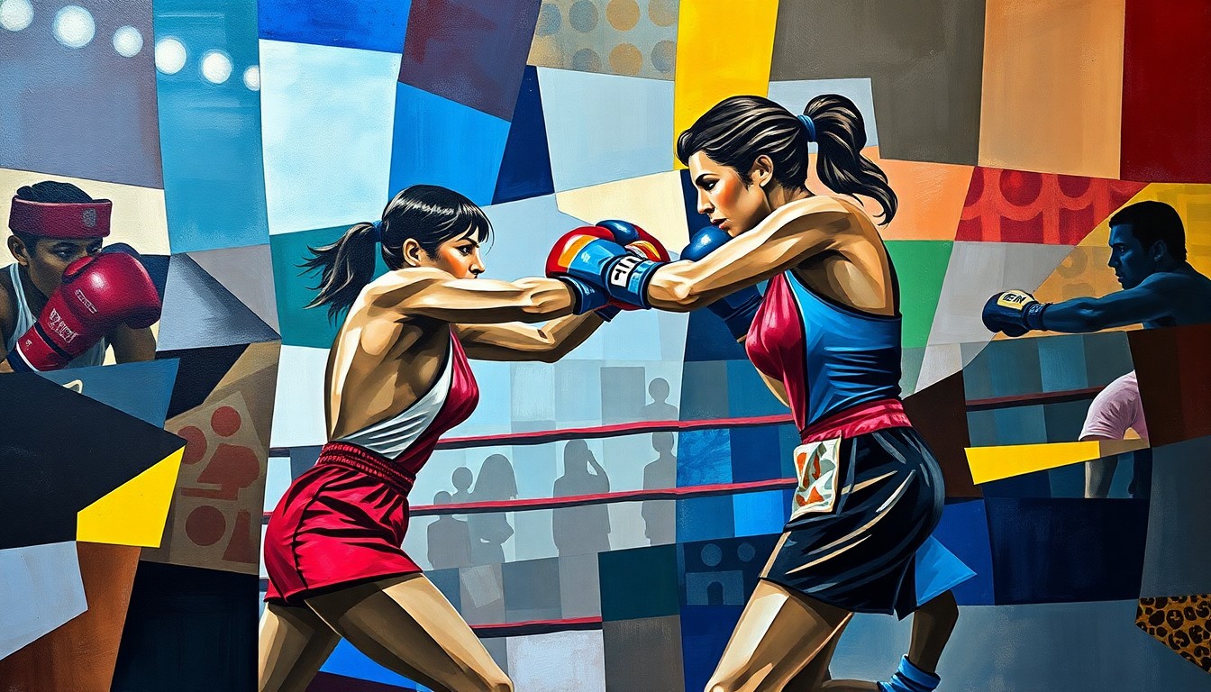 A cubist-style painting depicting a women's boxing match, with the figures and ring broken down into sharp, overlapping geometric shapes and planes, conveying the dynamic and intense nature of the sport.