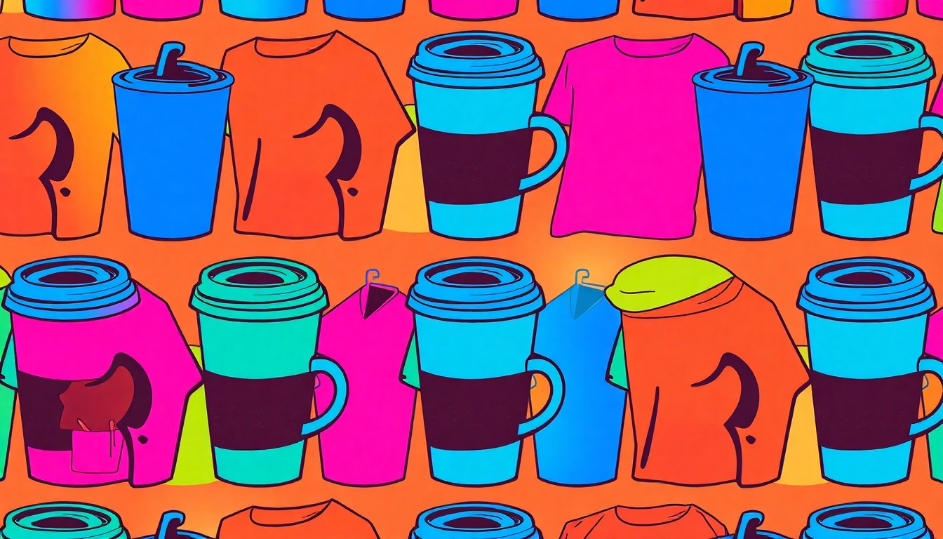 A brightly colored, high-contrast silkscreen print of a coffee cup repeated in a tight grid pattern, conceptually representing the transition from Miami's party culture to a more community-oriented lifestyle in Arlington.