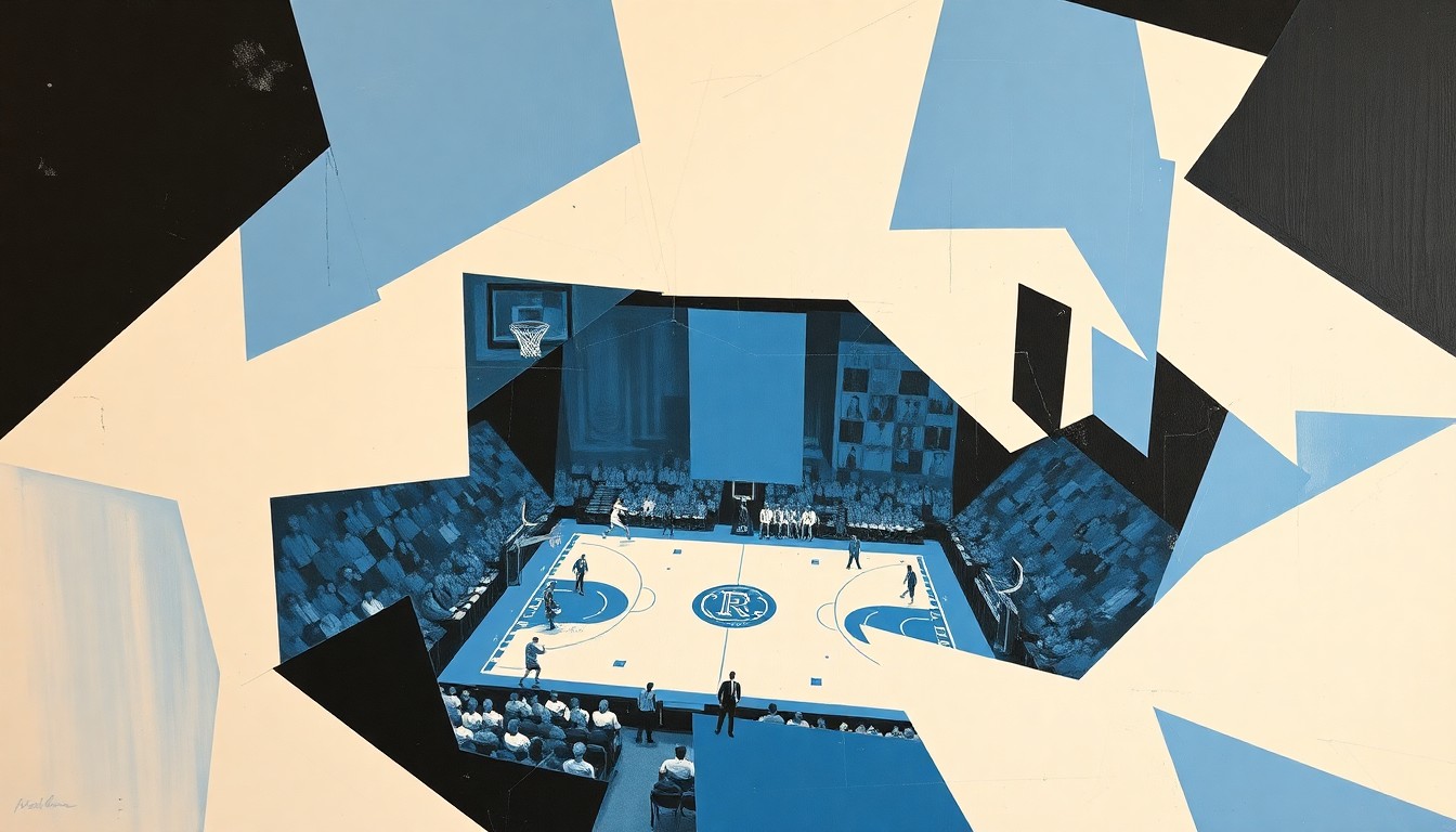 A cubist-style painting featuring fragmented, overlapping geometric shapes in shades of blue, white, and black, conceptually representing the dynamic changes coming to the UNC basketball program.