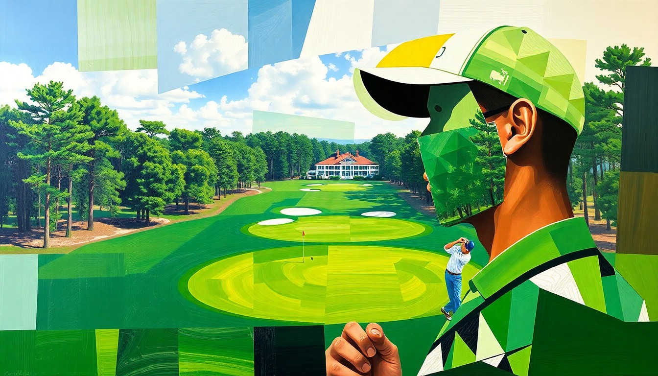 A fractured, geometric painting depicting the 12th hole at Augusta National Golf Club, with sharp, overlapping planes representing the intense focus and determination of an amateur golfer preparing to take on the Masters tournament.