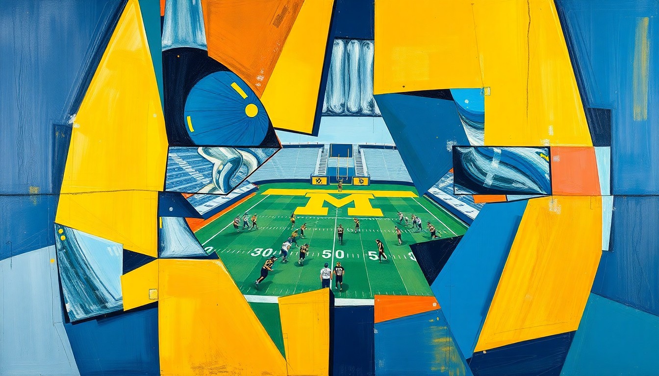 A fractured, multi-perspective painting in bold, geometric shapes and vibrant colors, capturing the dynamic energy and strategic planning of a Michigan football practice or spring game.