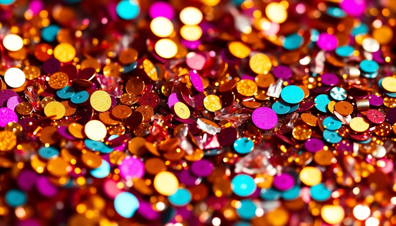 An extreme close-up photograph of shimmering sequins and shattered glass in a kaleidoscope of vibrant colors, capturing the high-energy and luxurious aesthetic of the Coachella music festival.