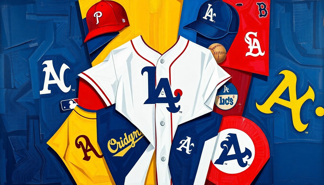A cubist, geometric painting featuring fragmented and overlapping shapes in navy, red, yellow, and white, conceptually representing the vibrant new MLB City Connect uniforms.