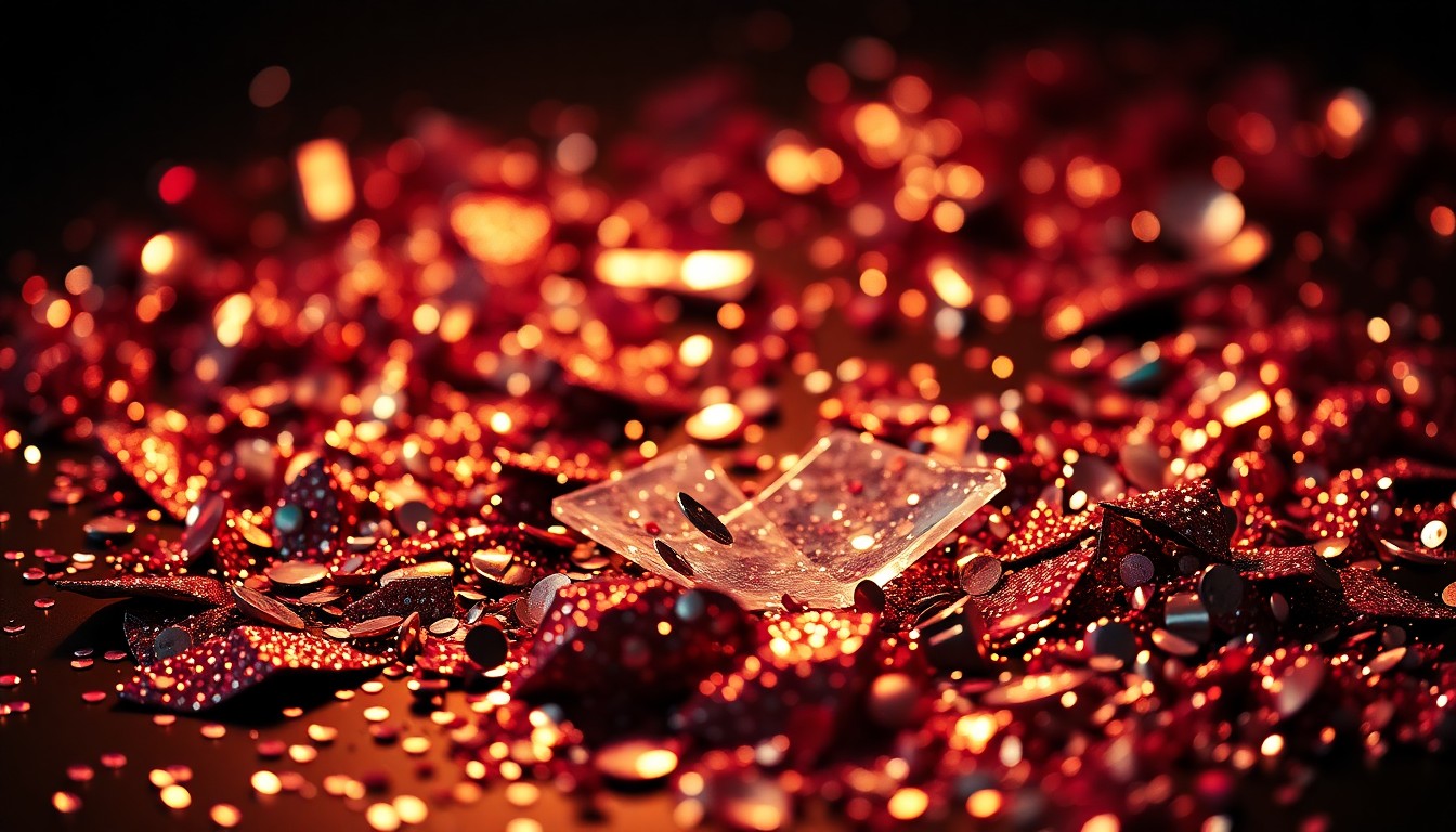 An abstract, high-contrast close-up photograph featuring a textured surface of glittering sequins and shattered disco glass, conceptually representing the glamour and excitement of the music industry.