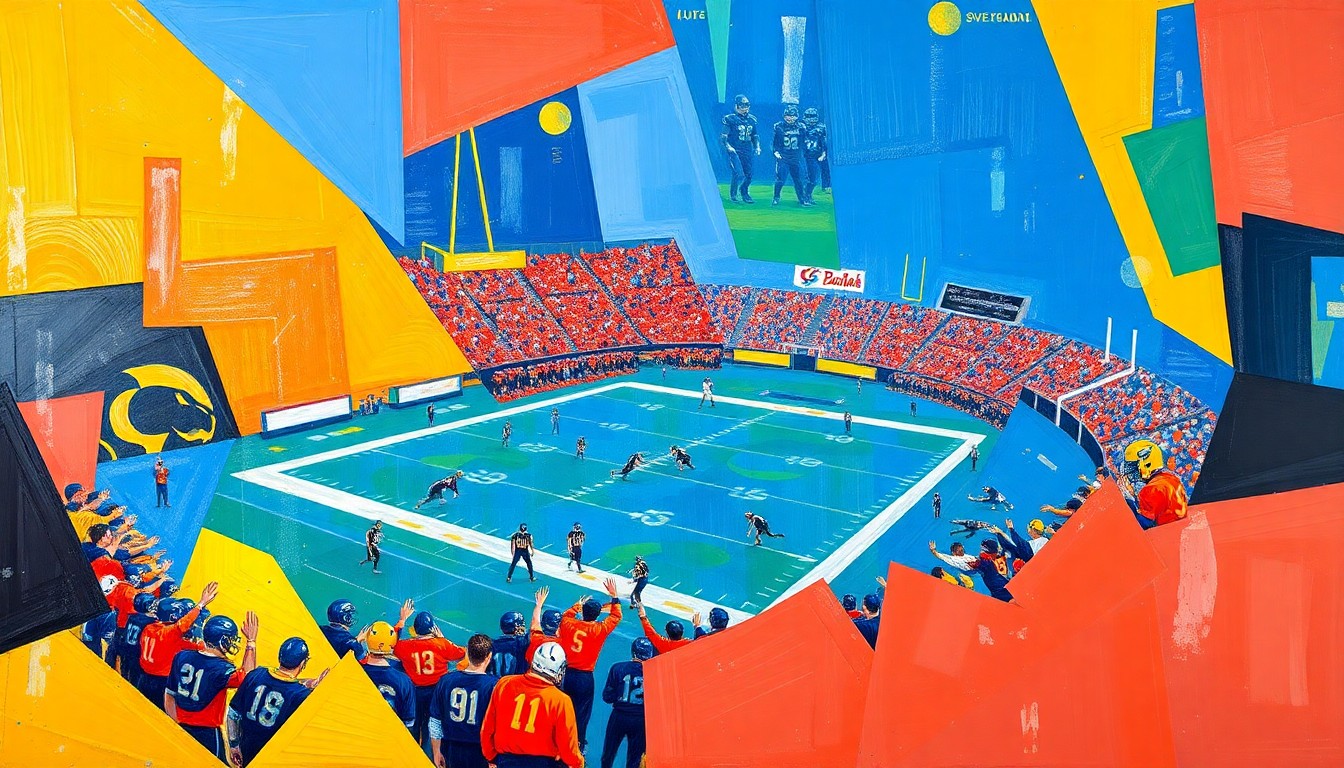 A cubist, geometric painting depicting a fragmented college football scene, with sharp planes of color representing the action on the field and the energy of the crowd.
