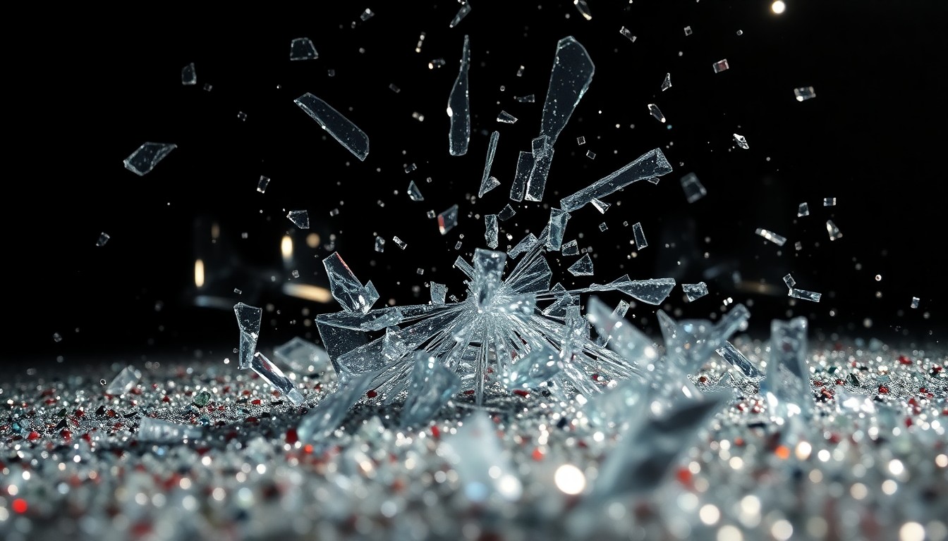 An abstract close-up image of shattered glass and glittering sequins, conveying the clash between music and politics through dramatic, high-contrast lighting and textures.