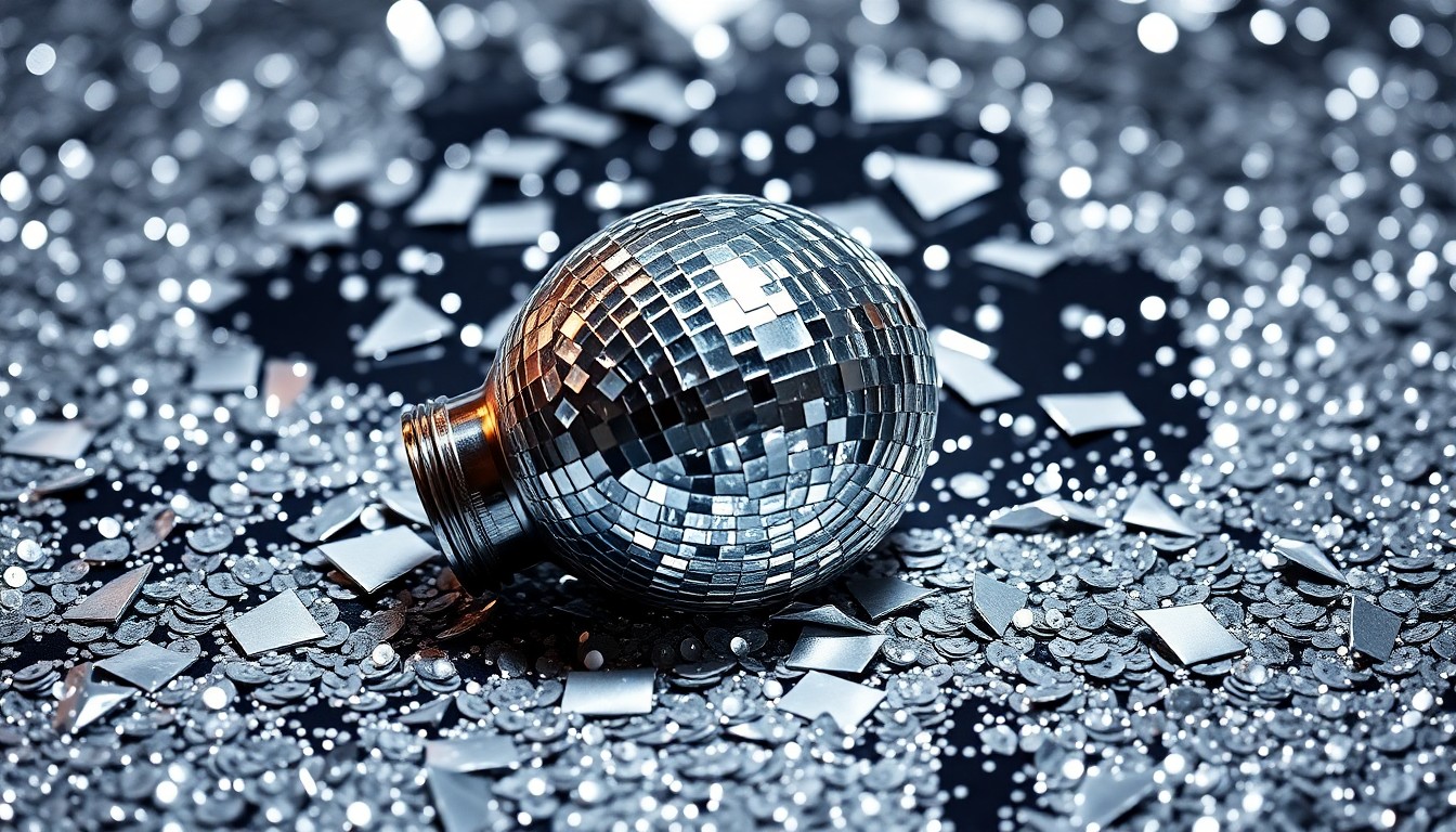 An extreme close-up photograph of shimmering sequins and shattered glass, capturing the glitz and glamour of Mel B's Spice Girls era through a high-contrast, abstract visual metaphor.