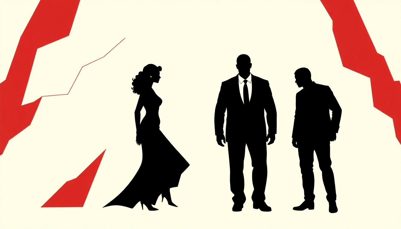 An abstract composition of bold, jagged black silhouettes and high-contrast solid colors like red and white, conceptually representing the collision of power, memory, and identity in modern soap opera storytelling.