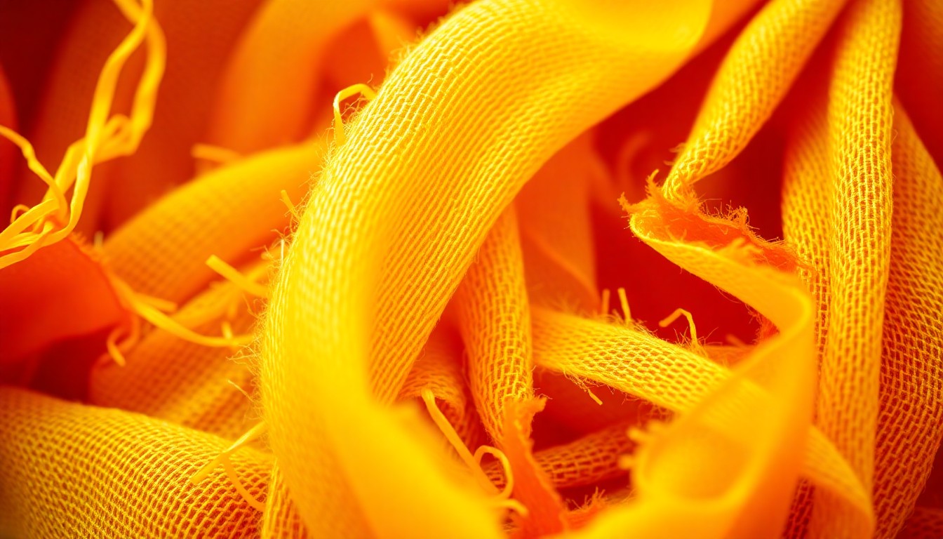 An extreme close-up of richly textured fabrics in a vibrant color palette of yellows, oranges, and reds, conceptually representing the joyful energy of a community festival.