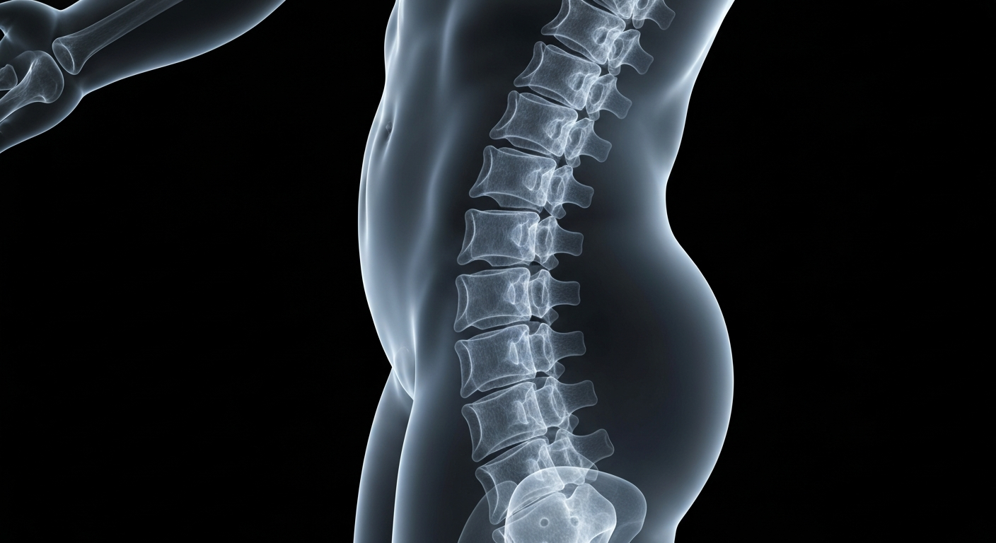 A ghostly, translucent X-ray image of a human spine, with the vertebrae and discs glowing against a dark background, conceptually representing the medical challenges faced by a patient struggling to get insurance coverage for necessary treatment.