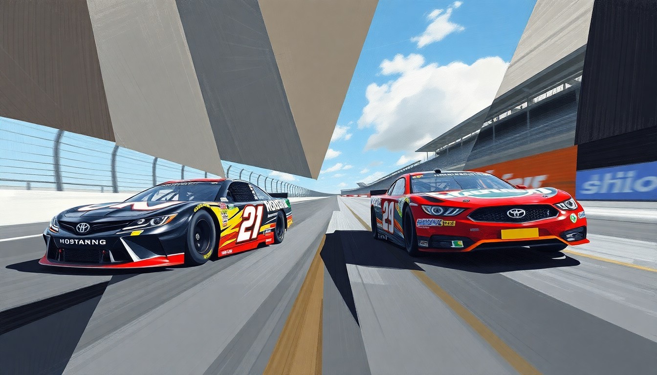 A cubist, geometric painting depicting a NASCAR race, with the cars and drivers fragmented into sharp, overlapping shapes and planes, conveying the intensity and drama of the confrontation between the two drivers.