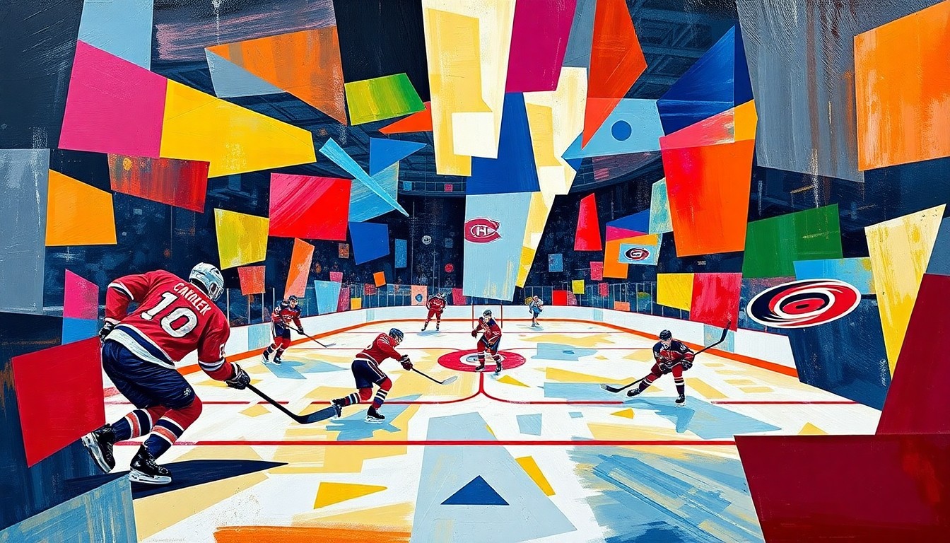 A fractured, cubist-style painting depicting a hockey game between the Montreal Canadiens and Carolina Hurricanes, with the players' movements and the puck's trajectory broken down into sharp, overlapping geometric shapes in vibrant colors.