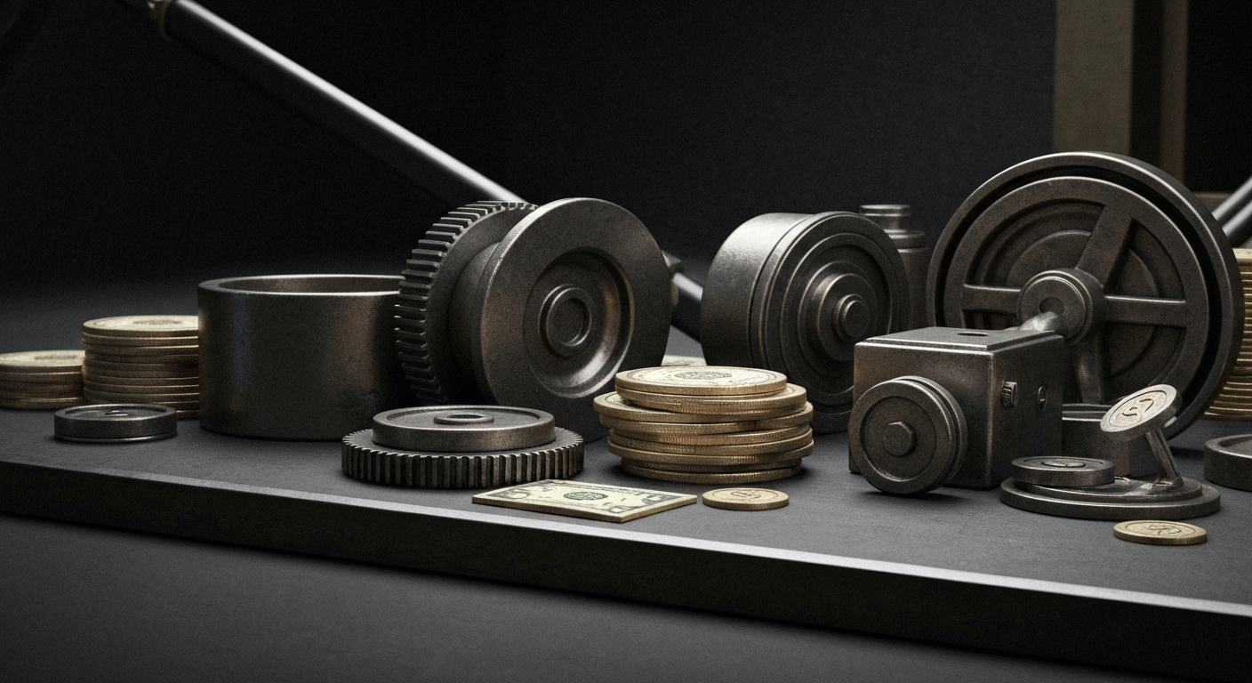 An extreme close-up of intricate gears, levers, and other industrial banking machinery, conveying the complex financial infrastructure underlying the annuity market.