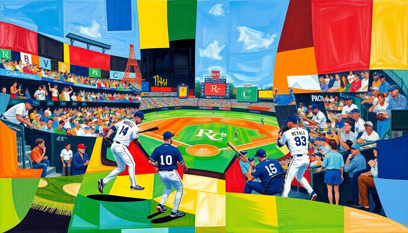 A cubist-style painting depicting a baseball game or match, with the players and field broken down into overlapping geometric shapes and planes in vibrant colors, representing the strategic and multi-faceted nature of the Royals' signing of Starling Marte.