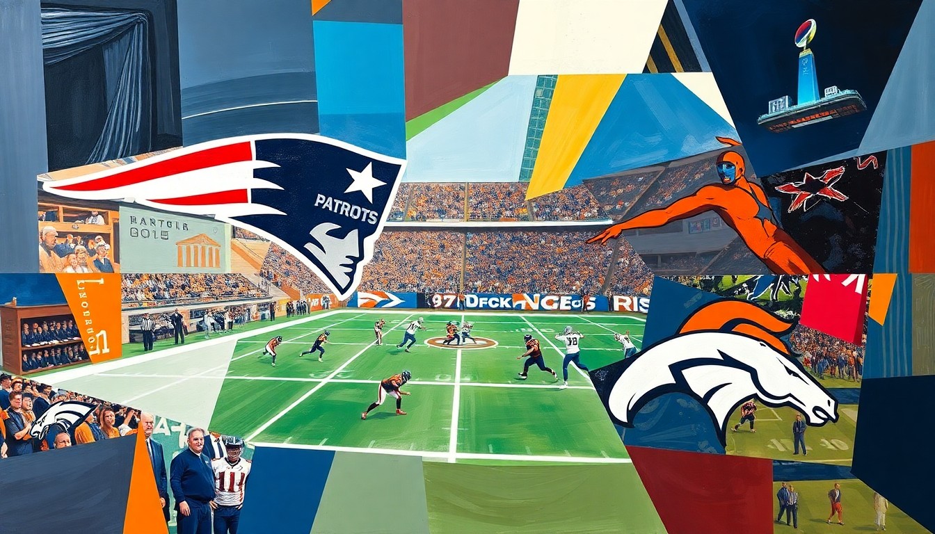 A cubist-style painting depicting the key moments of the Patriots vs. Broncos AFC Championship game, with overlapping geometric shapes and planes representing the defensive intensity, quarterback play, and strategic decisions that shaped the outcome.