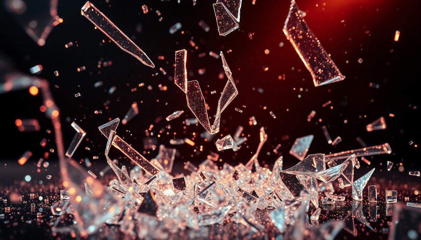 An abstract close-up photograph of shattered glass and glittering shards, captured in dramatic studio lighting to represent the visual spectacle and box office success of the sci-fi film Project Hail Mary.