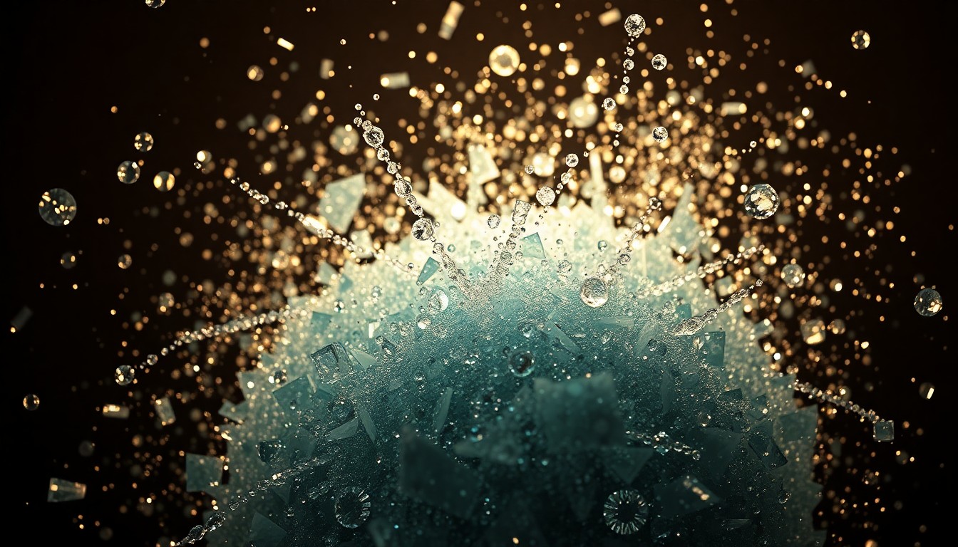 An extreme close-up of shattered glass and glittering sequins, captured in dramatic, high-contrast studio lighting, conceptually representing the chaotic nature of blockbuster filmmaking.