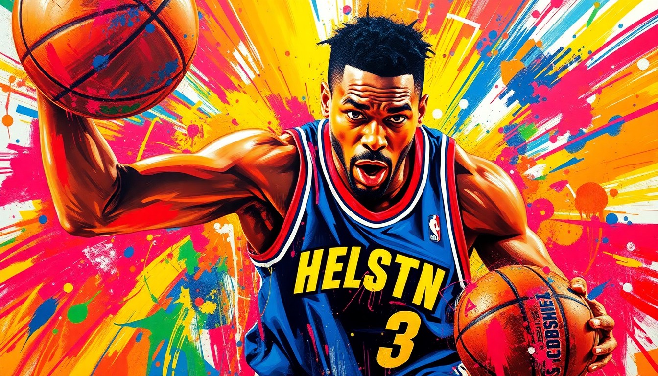 An abstract, expressionist painting in vibrant neon colors, capturing the dynamic energy and movement of a basketball player in action, with faces and details dissolving into bold, sweeping brushstrokes.