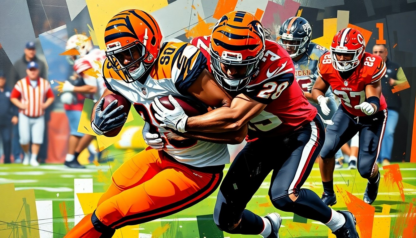 A fractured, cubist-style painting depicting the violent collision of a defensive tackle and offensive lineman, with sharp geometric planes and vibrant colors representing the Bengals and Texas Tech uniforms.