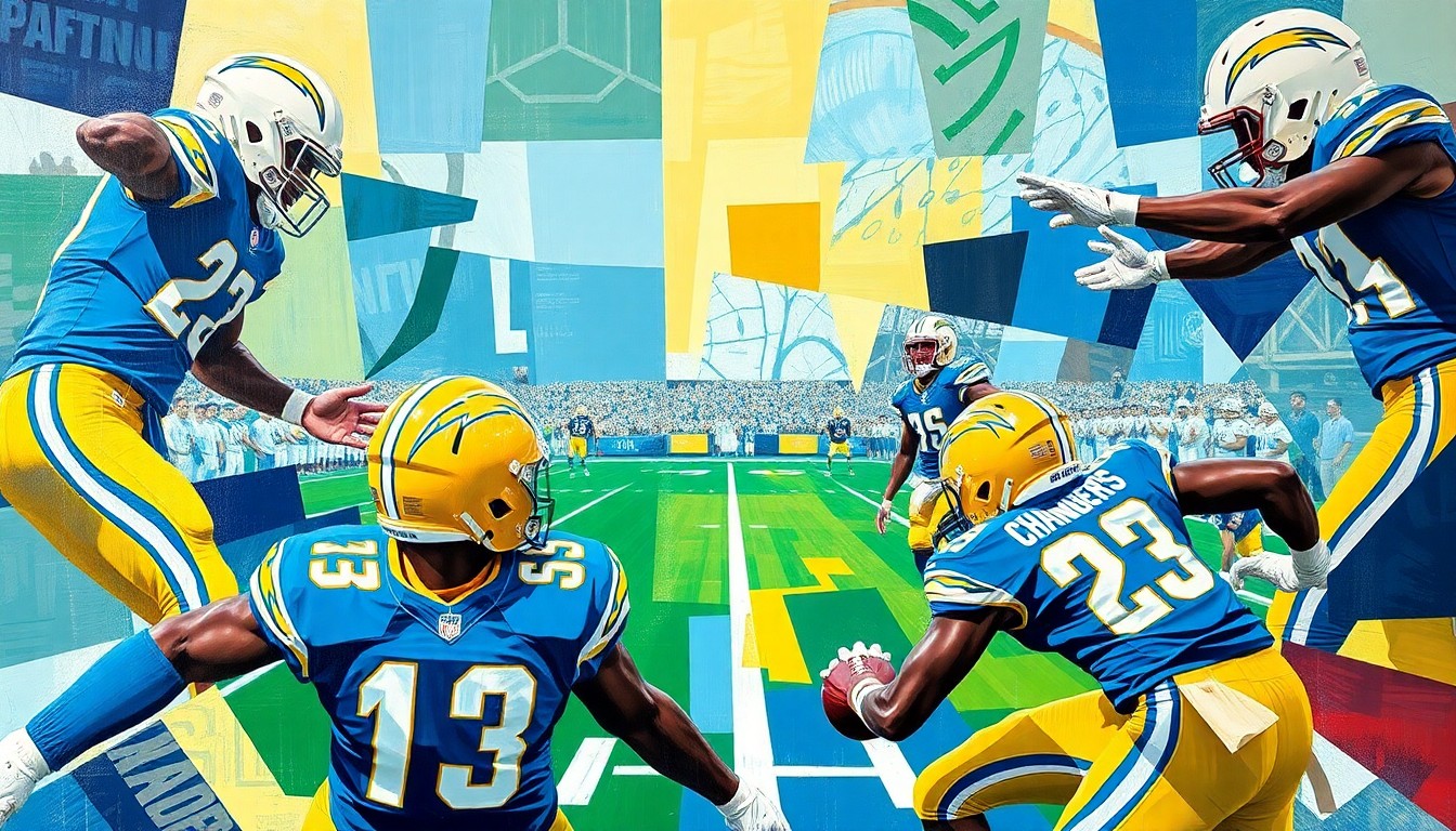 A cubist, geometric painting depicting fragmented football players and equipment in the Chargers' team colors, representing the multifaceted nature of the team's draft history.