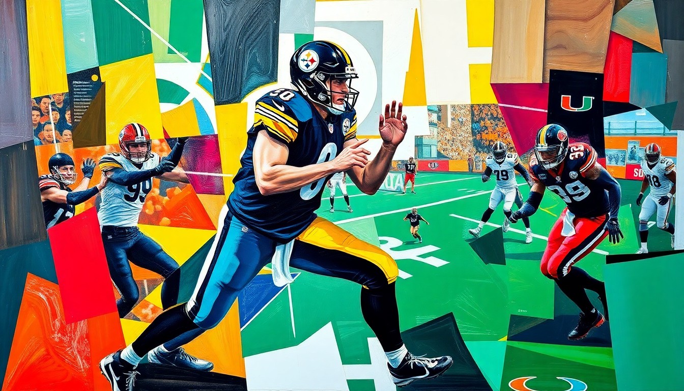 A cubist, geometric painting depicting a football quarterback in motion, with overlapping planes of black, gold, and orange representing the Pittsburgh Steelers and the University of Miami colors, conceptually illustrating the strategic evaluation of quarterback prospects.