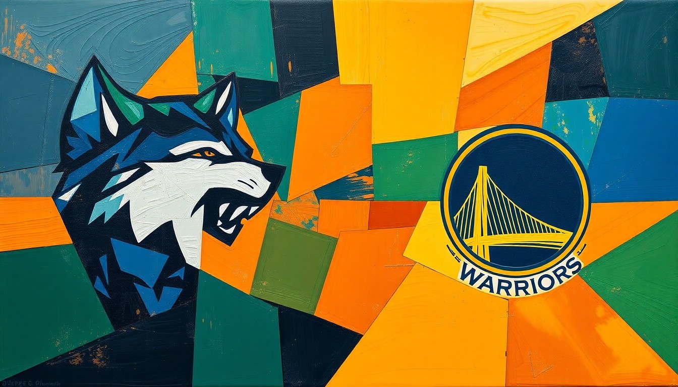 A cubist, geometric painting depicting a fragmented basketball court scene with players and spectators rendered in sharp, overlapping planes of navy, green, and orange, conveying the tension and emotion surrounding the postponed game.