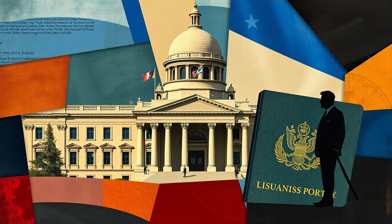 A highly stylized, fragmented painting depicting a government building, a diplomatic passport, and a shadowy figure, conveying the intricate and volatile nature of the international political scandal.