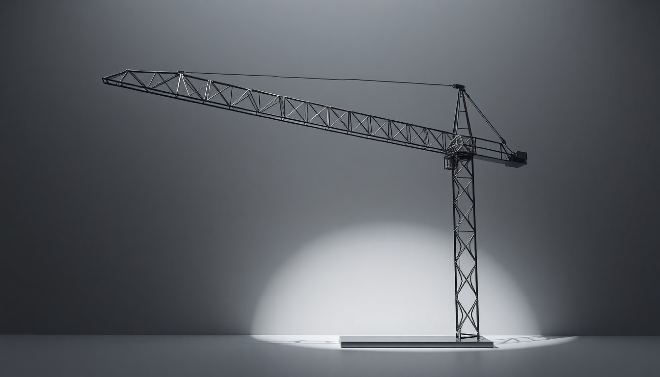 A photorealistic studio still life featuring a polished, geometric metal sculpture in the shape of a construction crane, set against a clean, monochromatic grey background and dramatically lit to highlight the sleek, industrial design.
