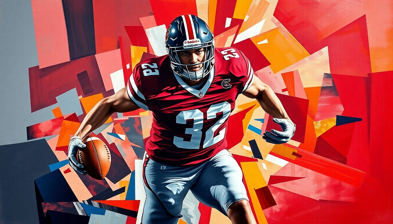 A fragmented, cubist-style painting depicting a college football player in motion, with sharp geometric shapes and planes in the team's official colors, conveying the complex factors behind a high-profile NIL decision.