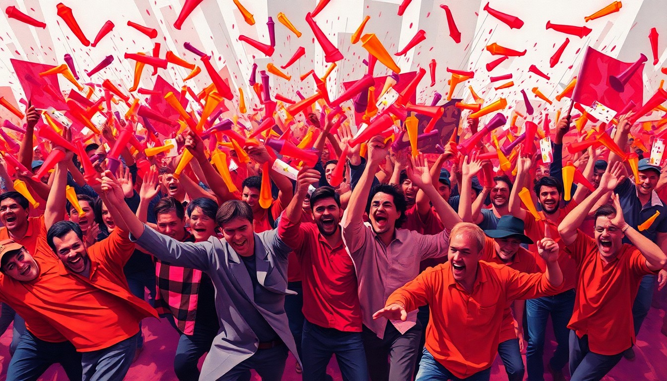 A chaotic, fractured painting of protesters hurling colorful dildos in a frenzied, overlapping motion, conceptually representing the confrontational tactics used during the 'Operation Dildo Blitz' protests against immigration enforcement.