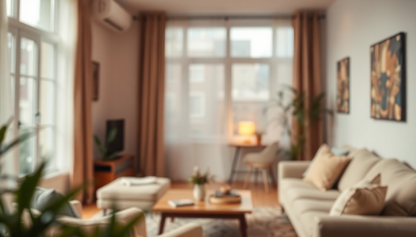 An extremely abstracted, out-of-focus photograph shot through condensation or rain-streaked glass, composed of soft pools of warm color and light that evoke the cozy, inviting atmosphere of a modern urban home.