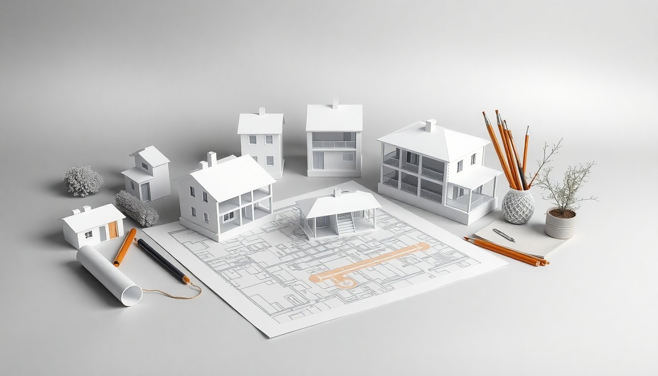 A photorealistic studio still life featuring architectural models, blueprints, and drafting tools arranged on a clean, monochromatic background, symbolizing the planning and design work behind the residential conversion project.