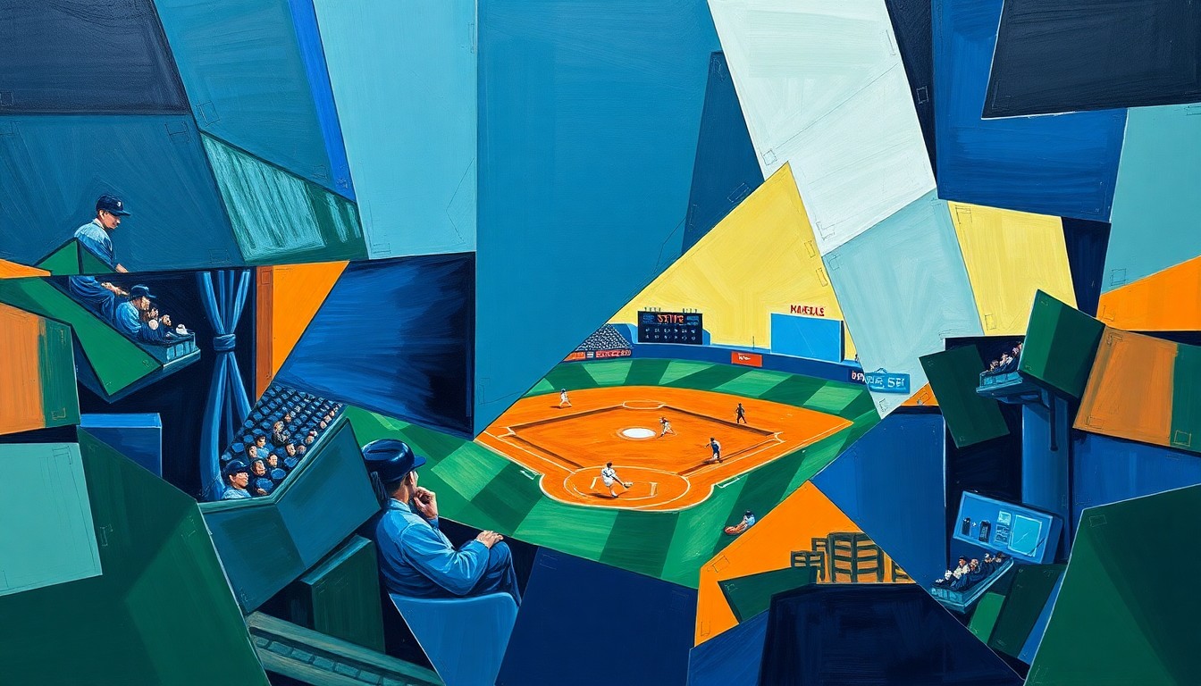 A cubist, geometric painting depicting a baseball game or match, with sharp, overlapping planes of navy blue, forest green, and burnt orange, conveying the concept of a player's career being reshaped by forces beyond their control.