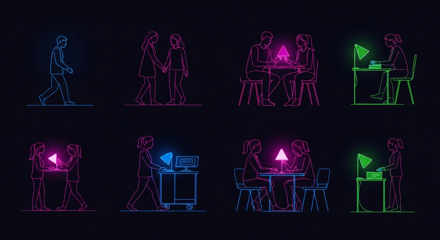 An illustration featuring glowing neon outlines of people engaged in various mood-boosting activities like walking, socializing, and using light therapy lamps, against a dark background, conceptually representing the energy and strategies needed to overcome seasonal affective disorder on Long Island.