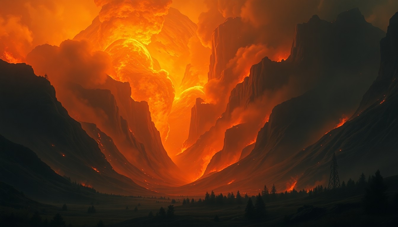 A sweeping, atmospheric landscape painting depicting a raging wildfire, with the storage units barely visible and dwarfed by the overwhelming power of the flames.