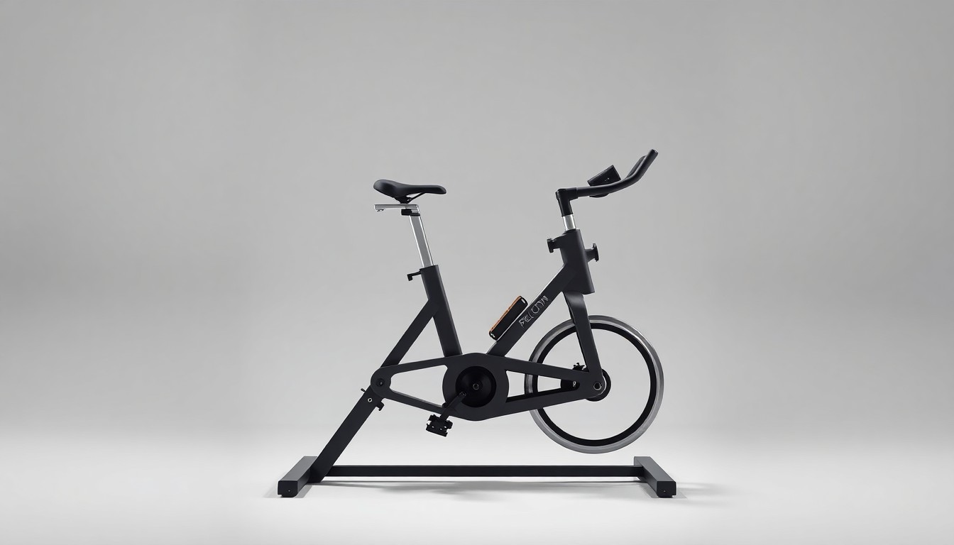 A sleek, modern Peloton exercise bike placed elegantly on a clean, monochromatic background, using dramatic studio lighting and shadows to symbolize the company's corporate strategy.
