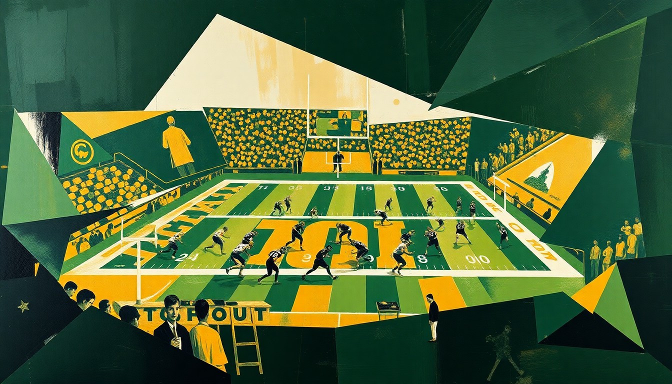 A cubist-style painting featuring fragmented geometric shapes in shades of green, gold, and white, conceptually representing the fractured nature of a Colorado Buffaloes football game or practice.