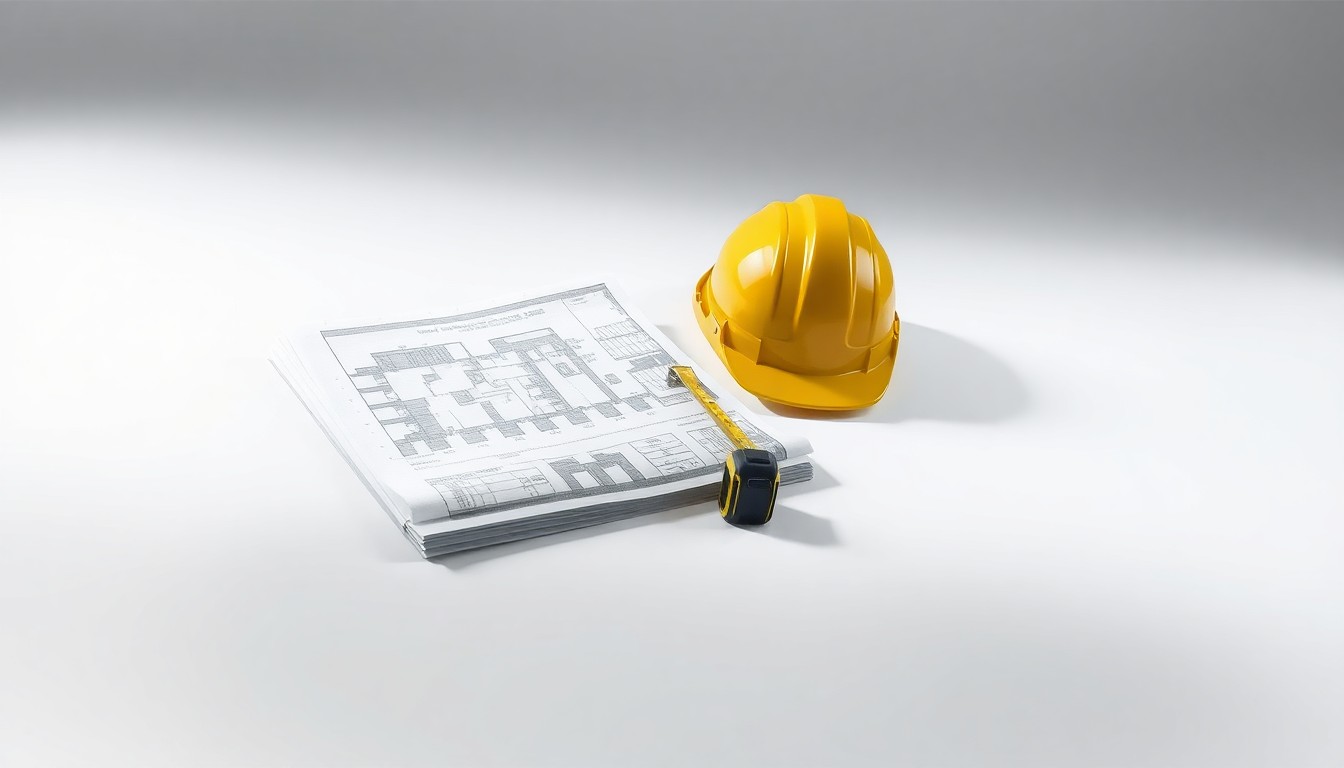 A minimalist, high-contrast studio photograph featuring a stack of architectural blueprints, a tape measure, and a hardhat, symbolizing the planning and construction process for a new industrial warehouse facility.